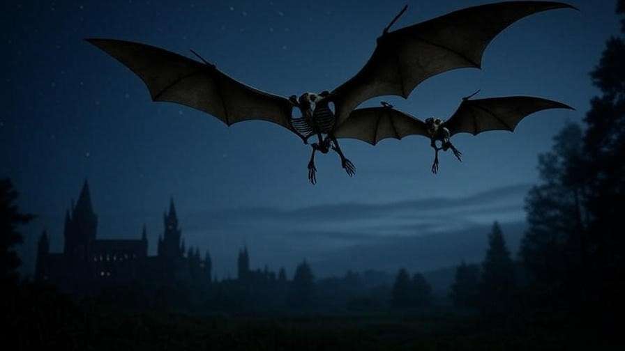 Two Thestrals flying in a twilight sky over Hogwarts, their skeletal wings glowing faintly, capturing their eerie beauty in a Harry Potter-inspired scene.