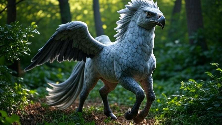 Majestic Hippogriff Buckbeak standing in a sunlit Forbidden Forest clearing, showcasing its eagle-like head and horse-like body in a magical Harry Potter scene.