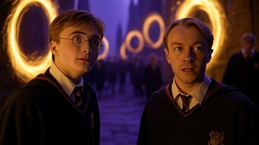 Mystical scene of Albus and Scorpius with time portals, showcasing the magic of Harry Potter and the Cursed Child Chicago. 