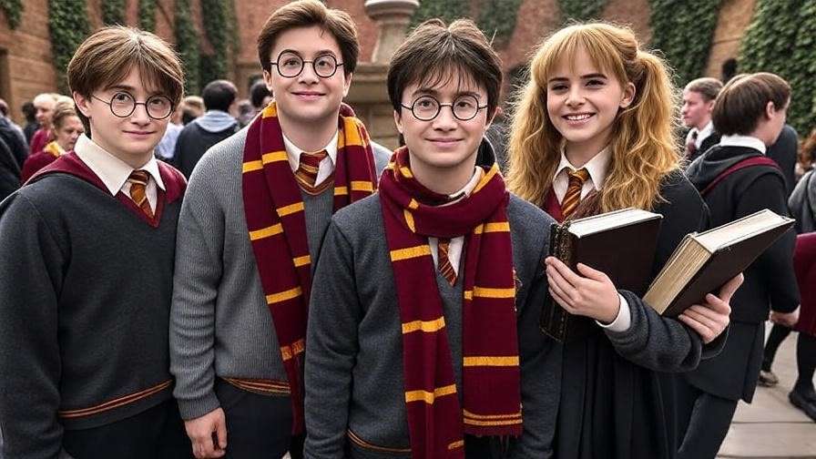 Group of cosplayers dressed as Harry Potter, Ron Weasley, and Hermione Granger in detailed Gryffindor costumes, standing in a Hogwarts courtyard with a stone fountain.