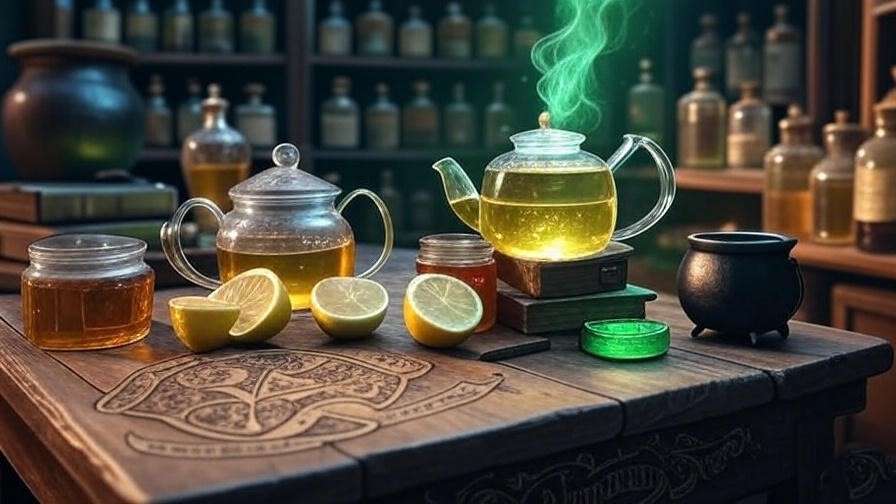 A potion-making setup with chamomile tea, honey, and a cauldron, inspired by Harry Potter’s wizarding world.
