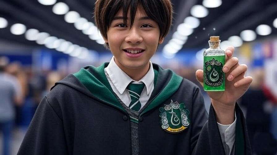 Hogwarts cosplayer holding a Polyjuice Potion vial with a detailed parchment label at a convention.