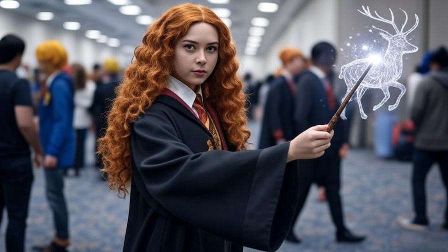 A Gryffindor cosplayer casts a glowing Patronus spell at a Harry Potter convention, surrounded by a vibrant fan event atmosphere.

