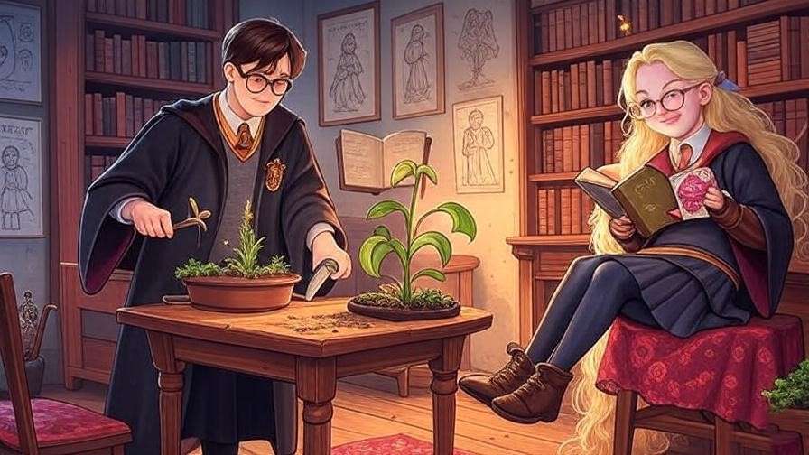 Neville, Ginny, and Luna in a Hogwarts common room, surrounded by fan art posters, with Neville tending a plant, Ginny holding a broom, and Luna reading *The Quibbler*.