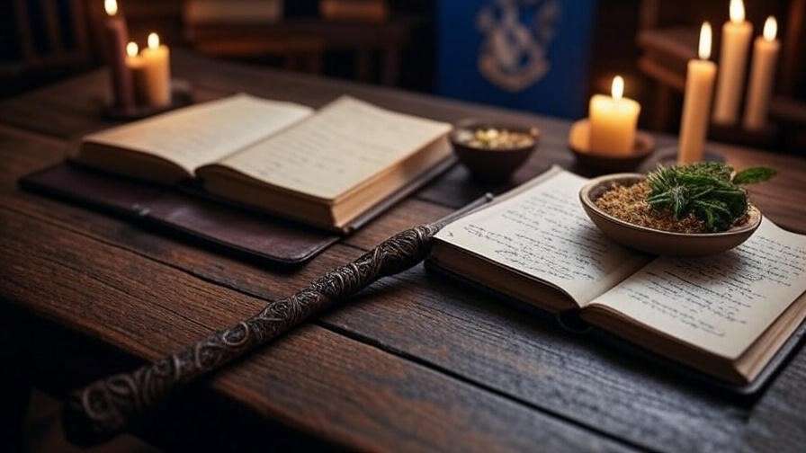 A magical toolkit for beginner witches, featuring a wand, spellbook, candles, and herbs on a wooden table, inspired by Harry Potter.

