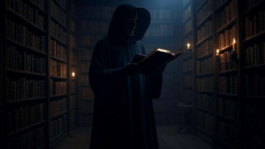 Mystical Hogwarts library with a wizard holding a glowing book from Half-Blood Prince