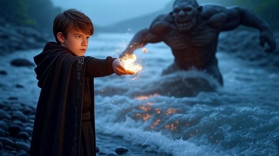 Wizard casting a spell to defeat a river troll in a Harry Potter river scene.