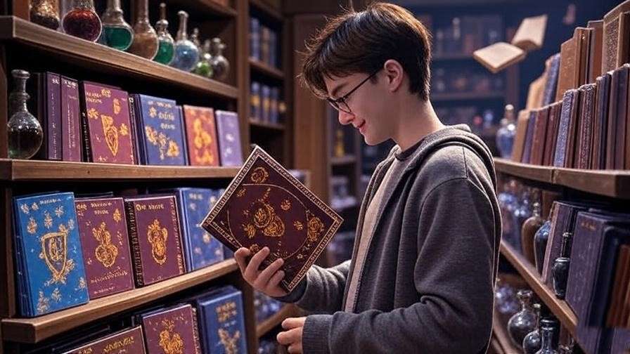 Fan browsing Harry Potter planners 2025 in a magical shop with potion bottles and floating books.