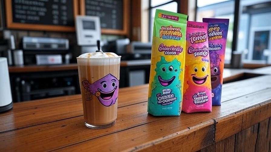 Rustic coffee shop counter with Harry Potter-inspired drinks like Butterbeer Latte, Polyjuice Potion Smoothie, and Chocolate Frogs.