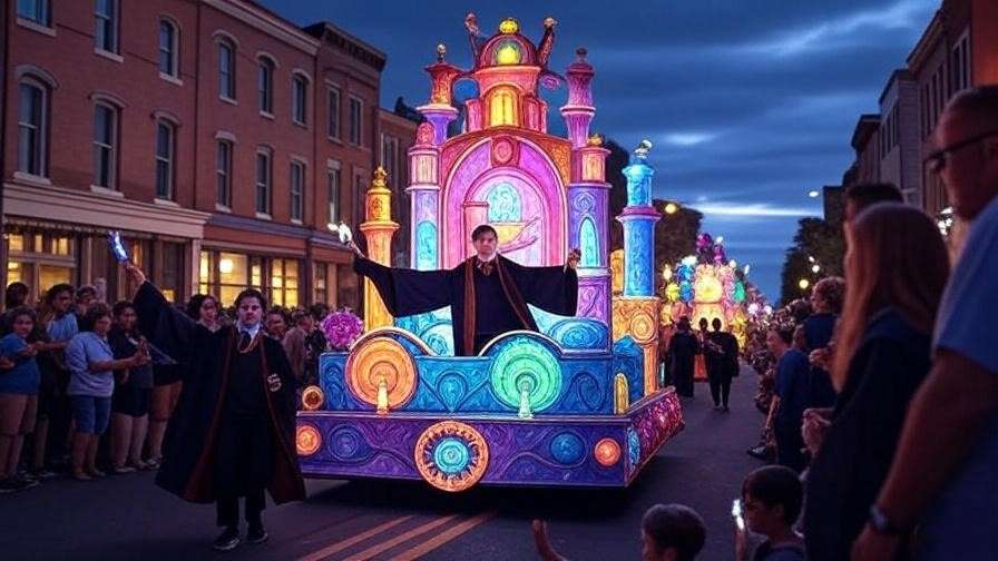 Lighted parade at Harry Potter Festival Jefferson with crowds and historic buildings.