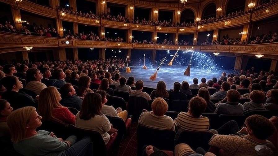 Audience enjoying a magical Harry Potter and the Cursed Child performance at Fox Theatre in Atlanta with stage effects.