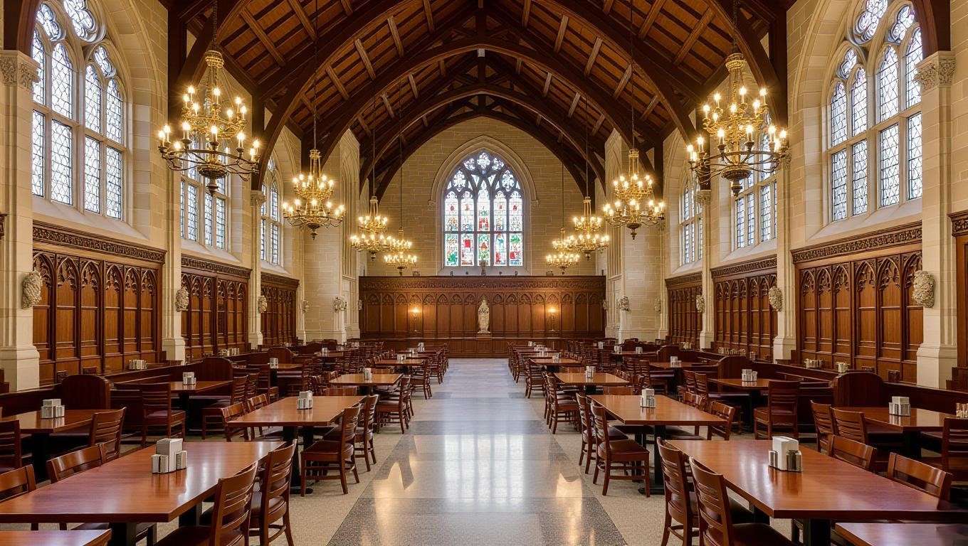 Neo-gothic interior of University of Chicago’s Hutchinson Commons, resembling Hogwarts’ Great Hall with long tables and vaulted ceilings. 
