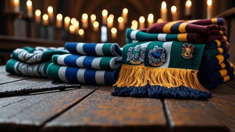 Four Harry Potter house scarves (Gryffindor, Slytherin, Ravenclaw, Hufflepuff) displayed on a table in Hogwarts’ Great Hall, showcasing movie-accurate colors and patterns. 