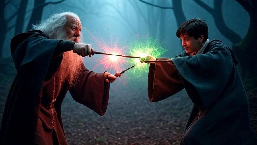 Wizard duel with wands clashing in foggy forest, Harry Potter battle