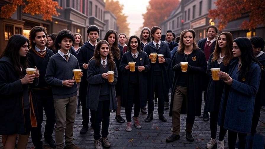 Harry Potter fans in costumes at a vibrant festival on cobblestone streets with fall foliage in Virginia.