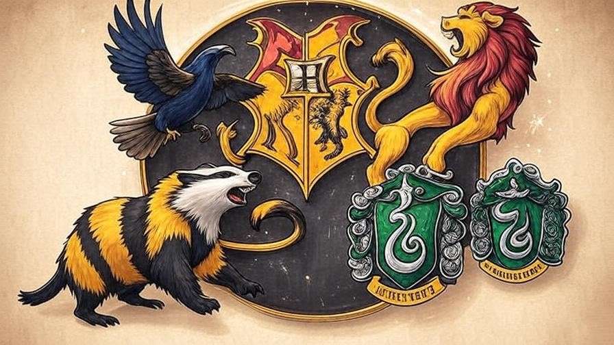 The **coat of arms of Hogwarts** house symbols, featuring Gryffindor’s lion, Ravenclaw’s eagle, Hufflepuff’s badger, and Slytherin’s serpent in vibrant colors.


