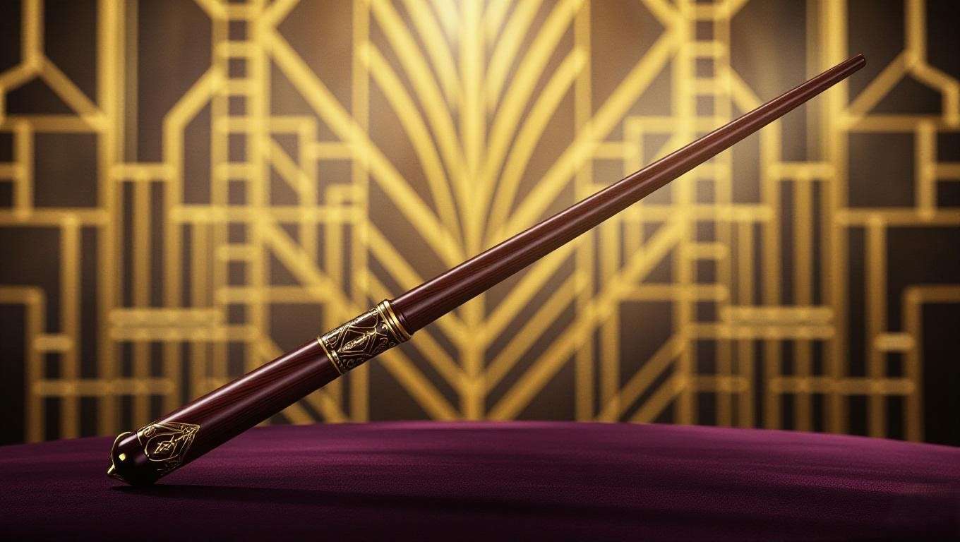 Close-up of Queenie Goldstein’s elegant wand with intricate carvings, set against an Art Deco-inspired background, showcasing its rosewood-like design and magical glow.