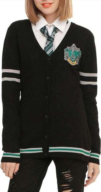 Harry Potter Womens' Slytherin House Crest Open Front Cardigan Juniors Knit Sweater
