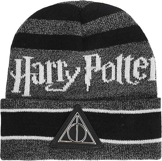 Harry Potter Beanie Hat, Deathly Hallows Winter Knit Cap with Cuff, Black, One Size 