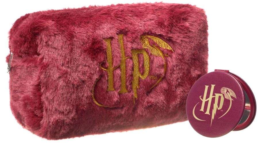 Harry Potter Womens Makeup Bag & Mirror | Ladies Burgendy Fur Cosmetic Pouch Logo | Travel Beauty Case
