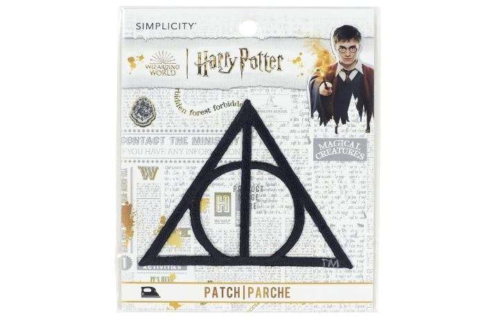 Simplicity Harry Potter Deathly Hallows Applique Iron-on Patch for Clothing, Jackets, and Backpacks, 3.25" W x 2.125" H