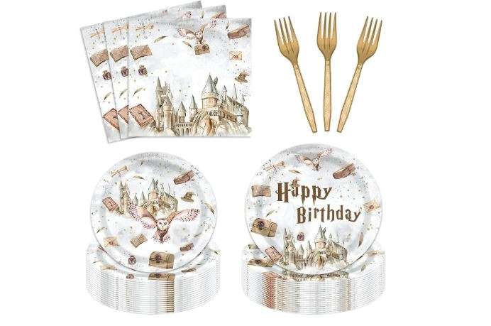 96 Pcs Magical Wizard Plates and Napkins Party Supplies Boys Girls Witch Wizard Magic SchoolHappy Birthday Tableware Set Vintgage Castle Owl Party Table
