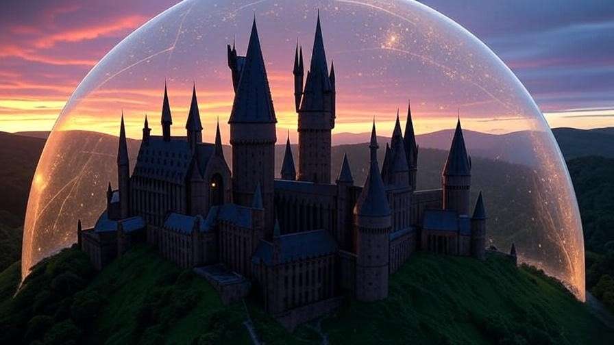 Hogwarts Castle under a glowing Protego Maxima dome at dusk, with a magical barrier protecting the iconic wizarding school against a sunset sky. 