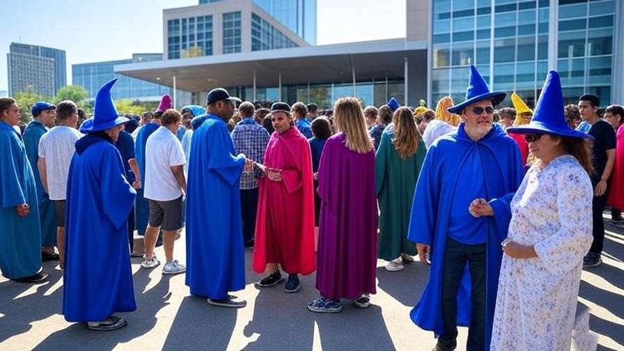 Fans in wizard robes outside Pepper Square for Harry Potter Experience Dallas.