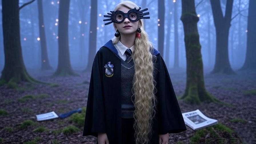 Woman in Luna Lovegood costume with Ravenclaw robe and Spectrespecs in a dreamy forest.