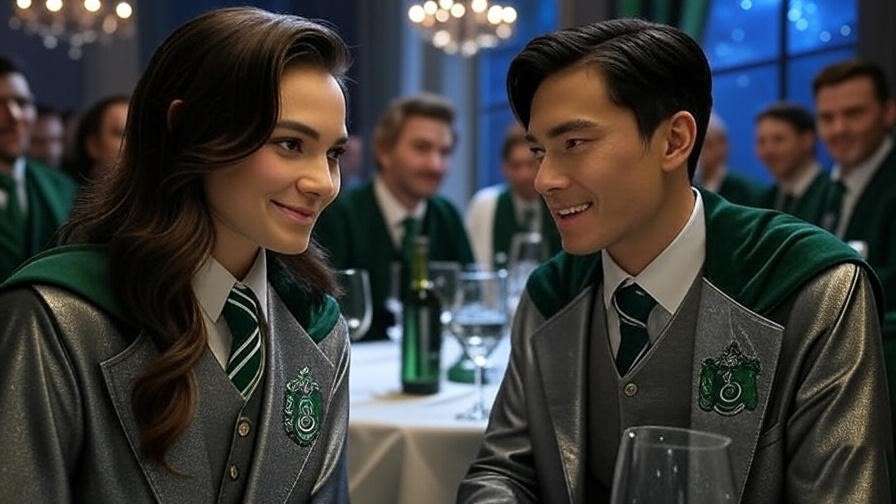 Sophisticated Slytherin-themed wine-tasting in a grand hall with starry night view.