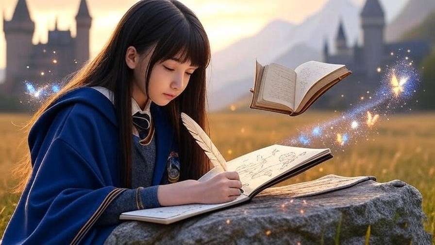 Ravenclaw student sketching magical creatures near Hogwarts castle