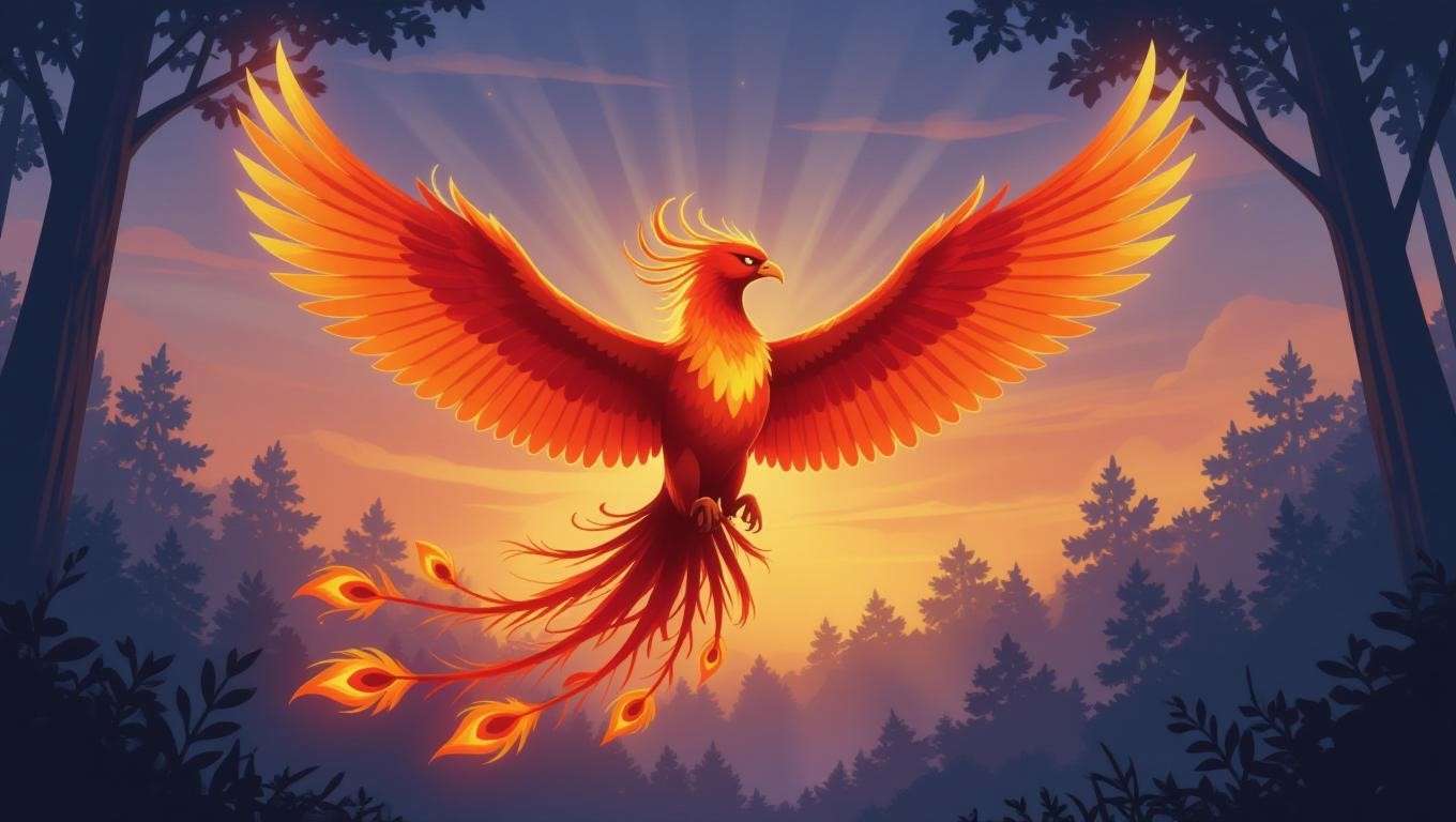 A majestic Phoenix with scarlet and gold feathers soars through a misty enchanted forest at twilight, trailing flames in a vibrant Harry Potter-inspired illustration. 