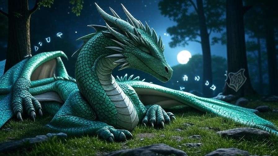 A sleeping dragon in a magical forest, symbolizing the **coat of arms of Hogwarts** motto, *Draco Dormiens Nunquam Titillandus*, under a starry sky.

