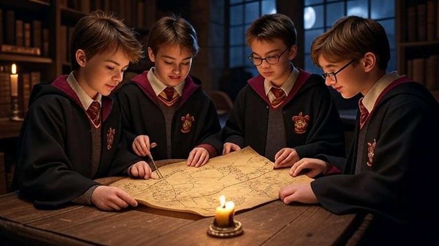 Four Marauders creating the magical Marauder’s Map in a Hogwarts dormitory with books and candles.