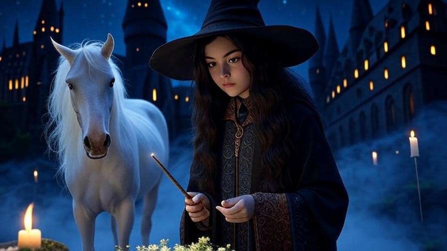 Witch casting white mare Patronus with Hogwarts castle backdrop