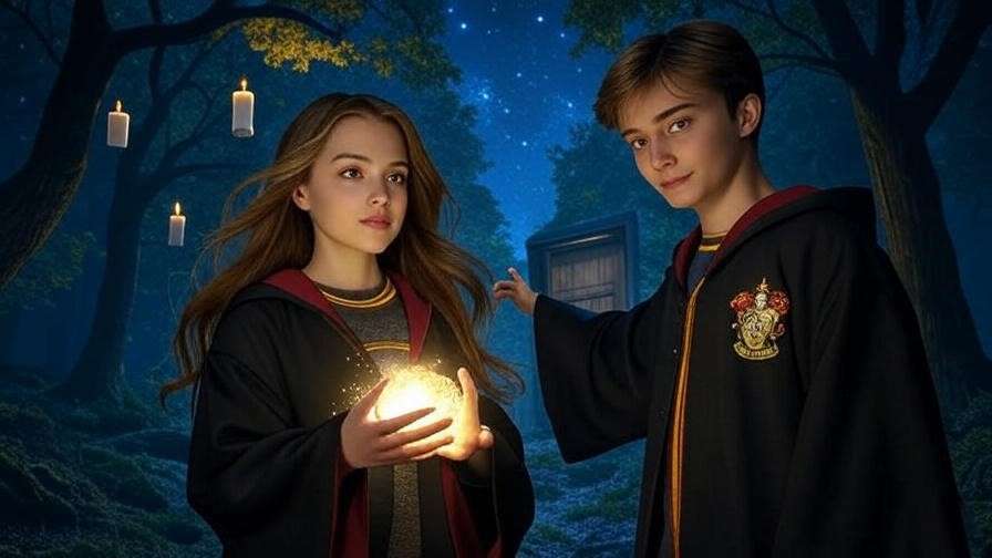 Couple in Gryffindor robes enjoying an escape room date in a magical forest with floating candles.