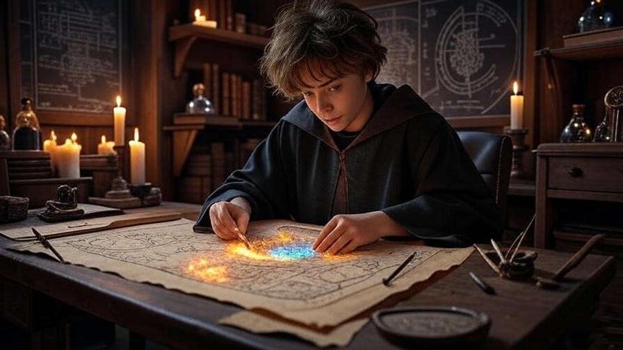 Fan crafting a Marauder’s Map replica with parchment and magical ink at a candlelit desk.