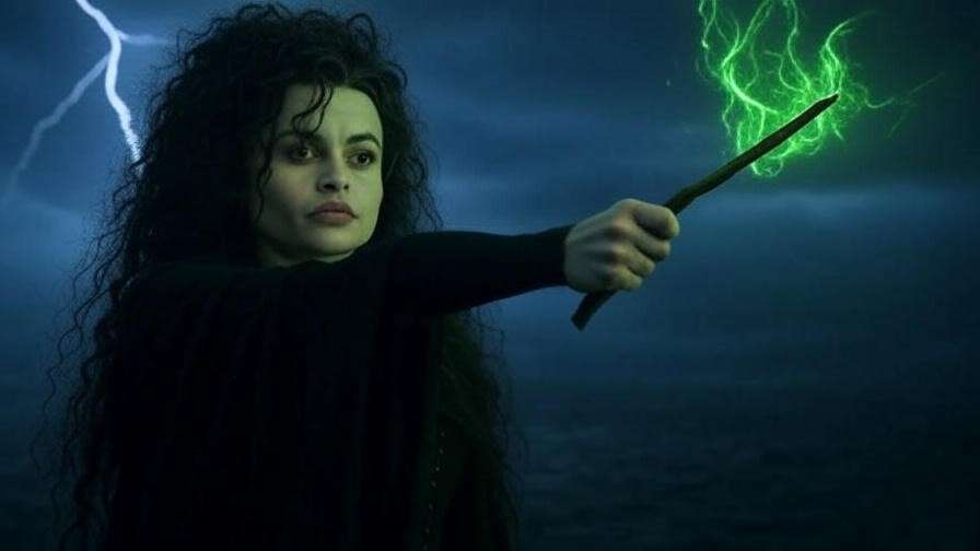 Bellatrix Lestrange casting Avada Kedavra with her walnut wand in a stormy, moonlit scene from Harry Potter, highlighting dark magic. 