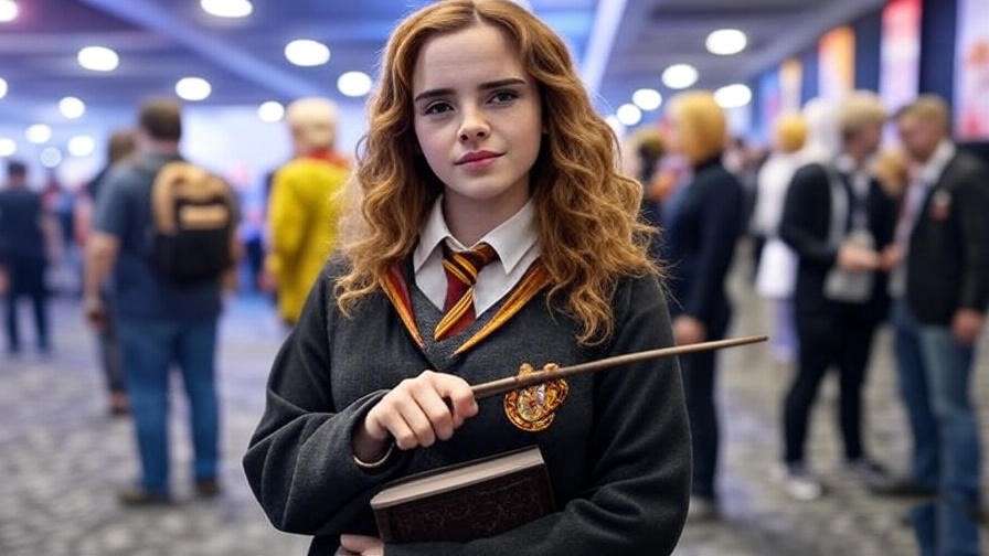 Cosplayer as Hermione Granger with wand at convention with crowd.