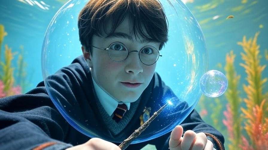 Hogwarts student using Bubble-Head Charm to swim underwater in the Black Lake, surrounded by a glowing air bubble.