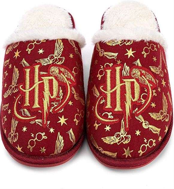 Harry Potter Girls Slippers | Kids Slip-On Fluffy Red House Shoes | Gold Embroidered Logo Hogwarts Footwear Merchandise Gift