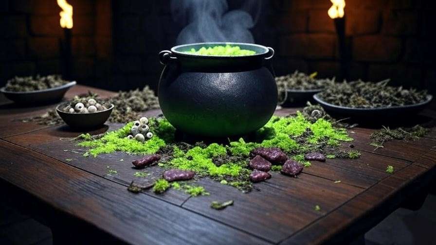 Close-up of a Hogwarts cauldron brewing Swelling Solution with dried nettles, pufferfish eyes, and bat spleen.