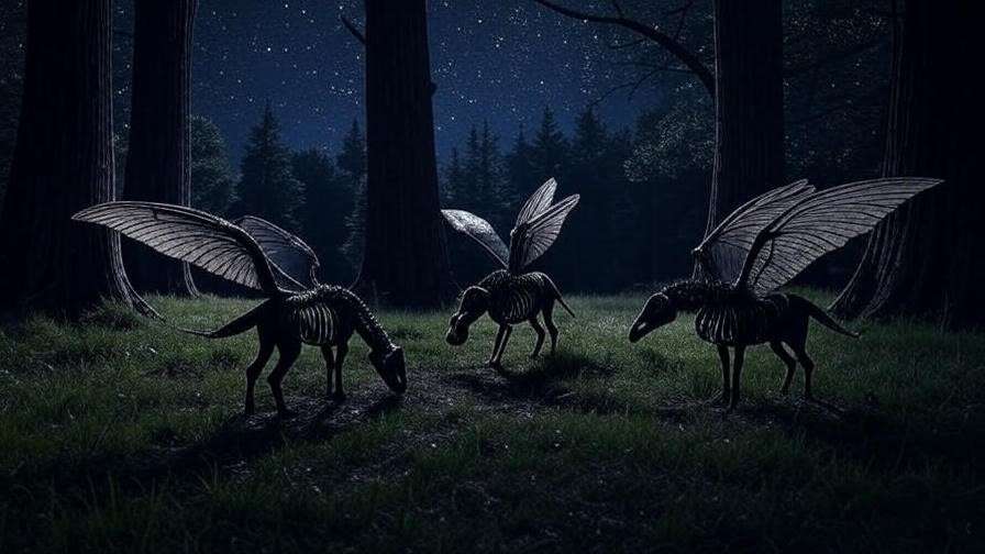 Thestrals grazing in a Forbidden Forest clearing under starry sky, Harry Potter-inspired.