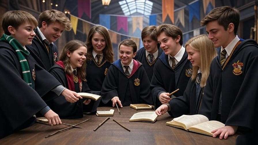 Harry Potter fans in Hogwarts robes at a magical workshop event at Cambridgeside Galleria.