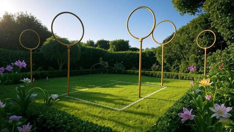 Miniature Quidditch pitch with gold goal hoops in a magical Harry Potter garden.