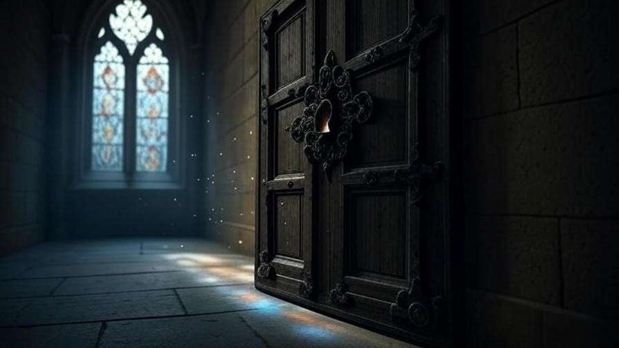 Ornate Hogwarts door with a glowing lock, symbolizing the Alohomora spell’s unlocking magic in the Wizarding World.

