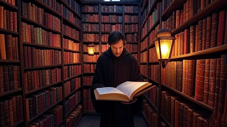 Cozy interior of Flourish and Blotts with towering bookshelves and a reader browsing a magical tome