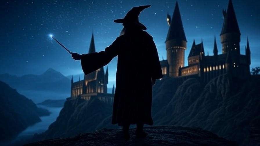 Silhouette of wizard with cherry wood wand overlooking Hogwarts, Harry Potter wandlore.