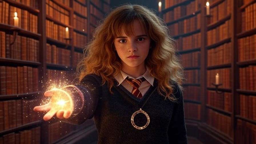 Hermione Granger casting a spell with floating books and Time-Turner in Hogwarts library