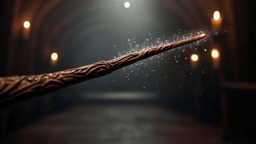 Close-up of a wand casting the Lumos charm, emitting a glowing light in a dark Hogwarts corridor, highlighting charm casting in the Harry Potter universe.